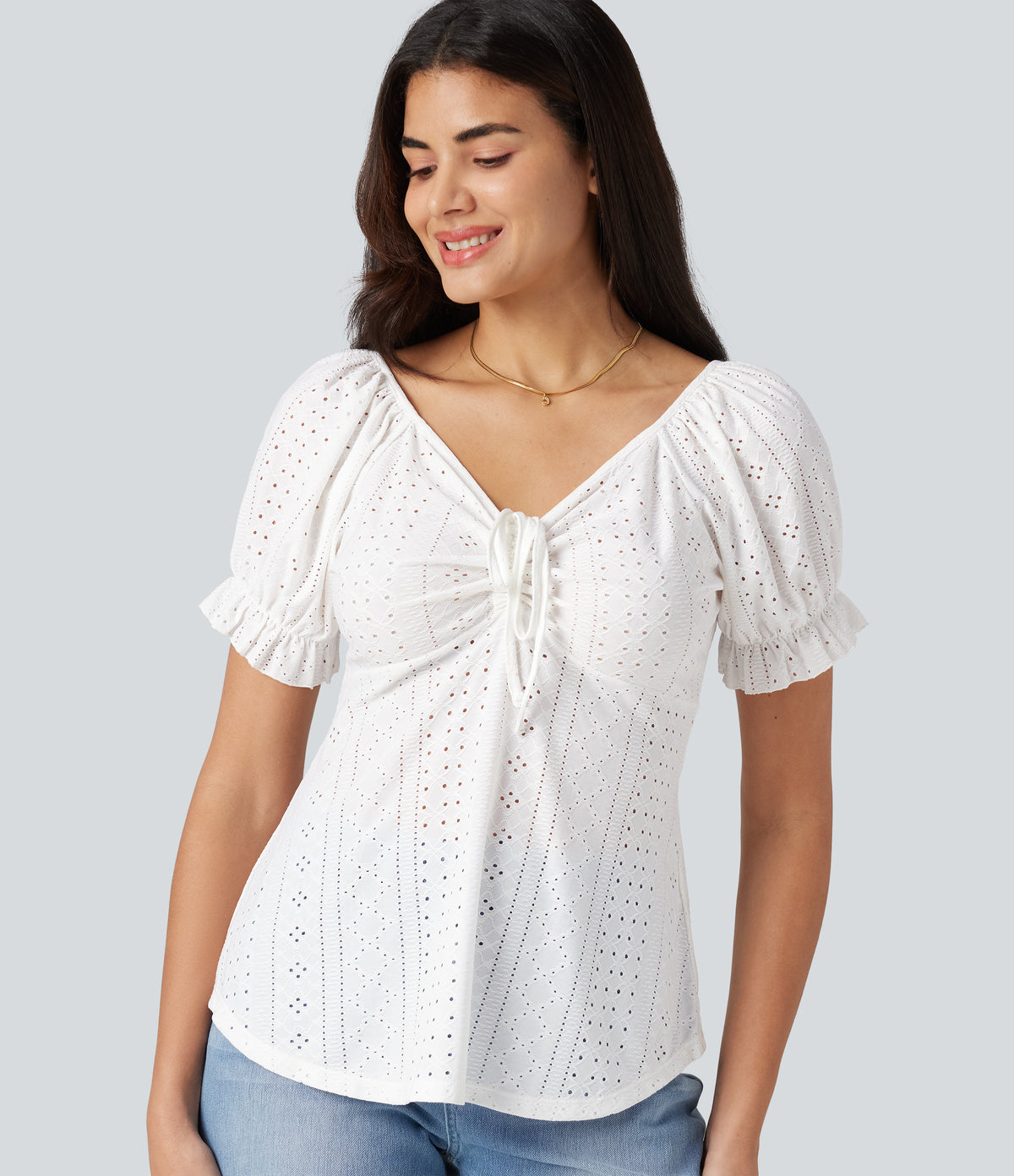 V Neck Puff Short Sleeve Lace Up Eyelet Casual Blouse