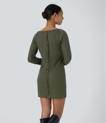 Boat Neck Raglan Sleeve Thumb Hole Hem Waffle Casual Sweatshirt Dress