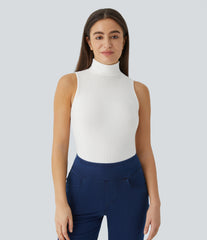 Ribbed Knit High Collar Sleeveless Casual T-Shirt