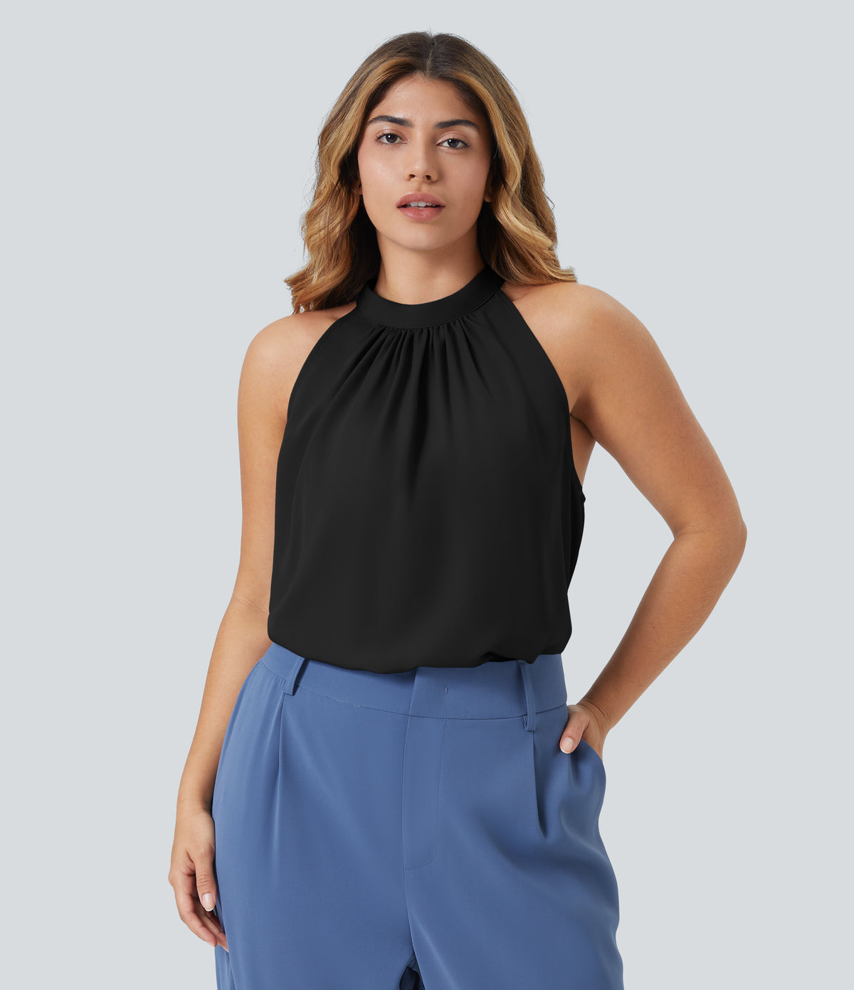Keyhole Back Halter Sleeveless Curved Hem Work Plus Size Blouse