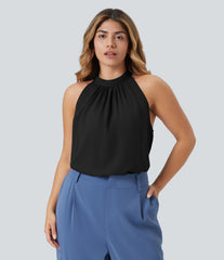 Keyhole Back Halter Sleeveless Curved Hem Work Plus Size Blouse