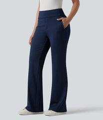 Mid Rise Stripe Work Flare Pants with Pockets
