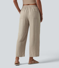 Mid Rise Drawstring Straight Leg Linen-Feel Pants with Pockets