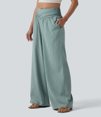 Crossover High-waisted Ruched Casual Linen-Feel Baggy Pants with Pockets
