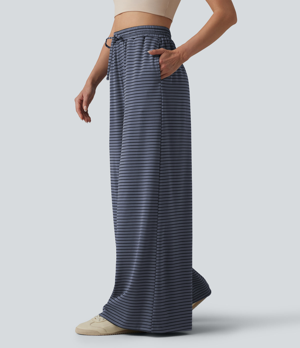 Ribbed Knit Stripes High Waisted Drawstring Casual Baggy Pants with Pockets
