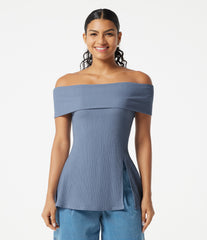 Off Shoulder Short Sleeve Split Hem Casual Top