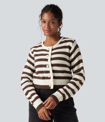 Round Neck Long Sleeve Stripe Work Cardigan