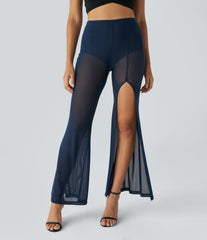 High Waisted 2-in-1 High Mesh Flare Casual Pants