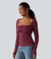 Square Neck Ruched Long Sleeve Casual Top