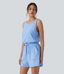 Round Neck Cut Out Drawstring InstantCool Yoga Romper with Pockets-UPF50+