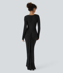 Deep V Neck Long Sleeve Stacked Ruched Maxi Casual Dress