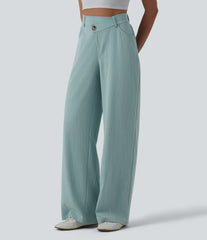 Crossover High Waisted Casual Linen-Feel Baggy Pants with Pockets