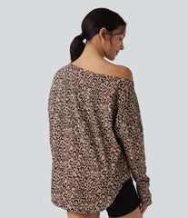 SoftlyZero™ Leopard Print One Shoulder Long Sleeve Thumb Hole Curved Hem Yoga Sports Top-UPF40+