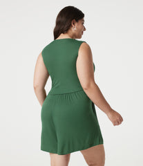 Ribbed V-neck Sleeveless Ruched Built-in Bra Casual Plus Size Romper with Pockets-Easy Peezy