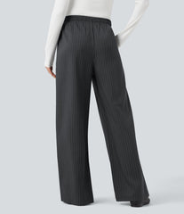 High Waisted Drawstring Wide Leg Stripe Casual Pants with Pockets