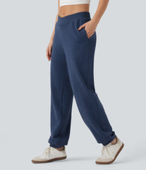Mid Rise Crossover Casual Cotton Joggers with Pockets