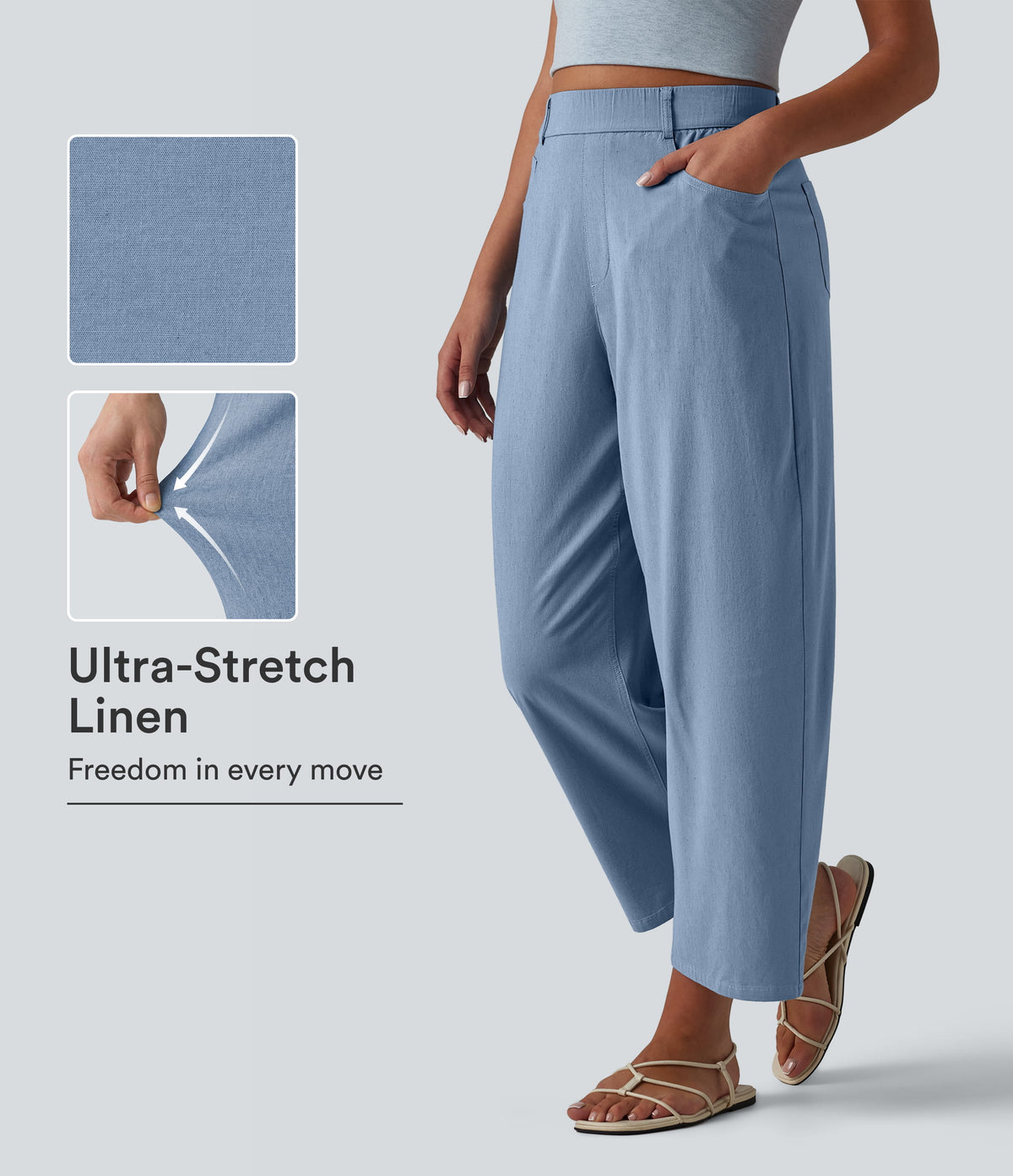 High Waisted Barrel Leg Casual Stretch Linen Pants with Pockets