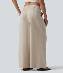 Mid Rise Pleated Lyocell Linen-Blend Casual Baggy Pants with Pockets