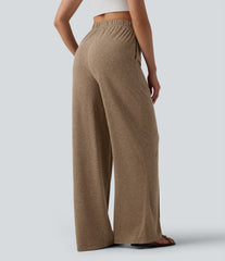 High Waisted Inner Drawstring Wide Leg Casual Linen-Blend Pants with Pockets