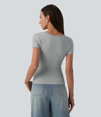 Halara Cotton Jersey Square Neck Short Sleeve Ultra-slim Heathered Casual T-Shirt