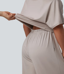 One-shoulder Short Sleeve Split Hem Casual Jumpsuit with Pockets-Easy Peezy