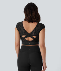 SoftlyZero™ Contrast Lace Crossover Hem Cropped Yoga Sports Top-UPF50+