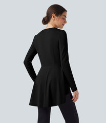 V Neck Long Sleeve Ruffe Hem High Low Work Coat