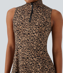 Halara UltraSculpt™ Leopard Print Polo Neck Half Zipper Sleeveless Micro Tennis Active Dress with Pockets