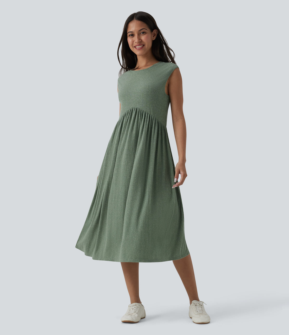 Ribbed Knit Round Neck Sleeveless Flowy Midi Casual Linen-Blend Dress