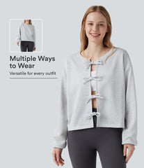 Reversible Round Neck Tie Front Long Sleeve Casual Sweatshirt (Two Looks in One)