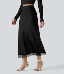 High-waisted Satin Contrast Lace Midi Casual A-Line Skirt