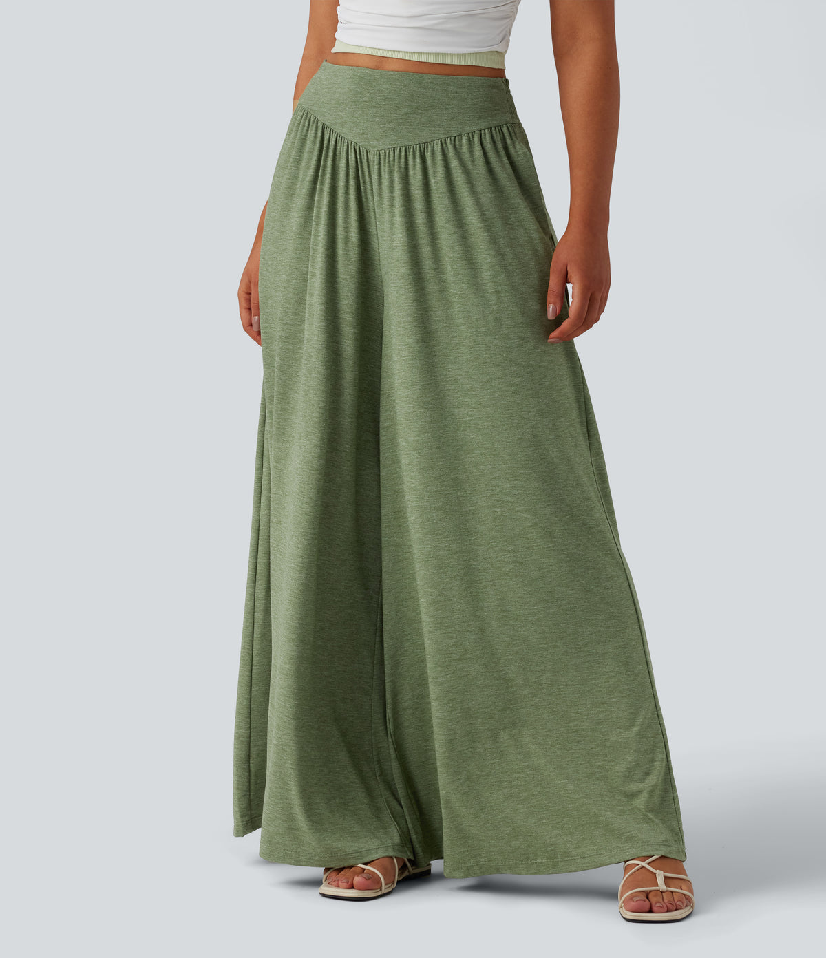 High Waisted Shirred Flowy Baggy Pants with Pockets