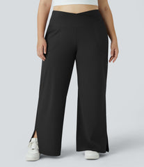 DayStretch Crossover Pocket Hem Plus Size Wide Leg Yoga Pants-Smile