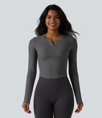 Ribbed Knit Notch Long Sleeve Non-Removable Pad Slim Casual Top