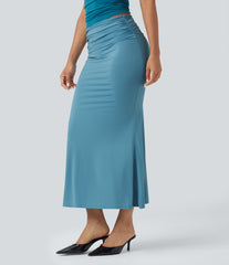 Mid Rise Ruched Midi Mermaid Skirt