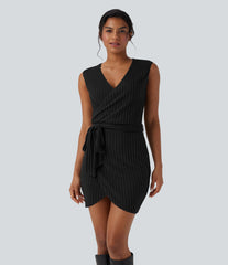 Ribbed Knit Sleeveless Belted Wrap Bodycon Mini Casual Dress