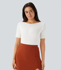 Boat Neck Short Sleeve Slim Work Sweater