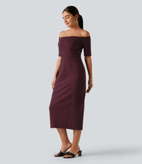 Off Shoulder Short Sleeve Bodycon Midi Dress