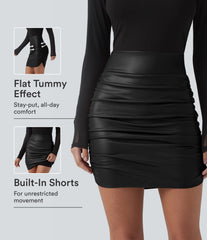 High Waisted Tummy Control Ruched Curved Hem 2-in-1 Fleece PU Mini Bodycon Party Skirt-Longer Length