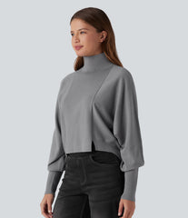 High Neck Long Sleeve High Low Work Sweater