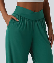 Crossover High Waisted Drawstring Plain Casual Joggers with Pockets