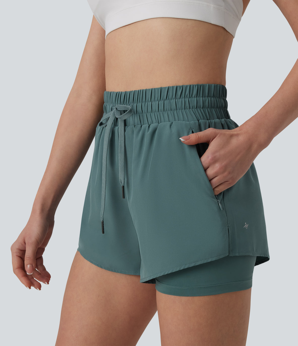 High Waisted Drawstring 2-in-1 Running Shorts with Pockets