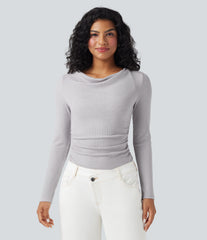Ribbed Knit Cowl Neck Long Sleeve Ruched Casual Top