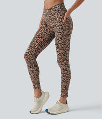 Crossover High Waisted Leopard Print Yoga 7/8 Leggings with Pockets