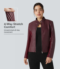 Stand Collar Zipper Long Sleeve Fleece Casual PU Faux Leather Jacket with Pockets