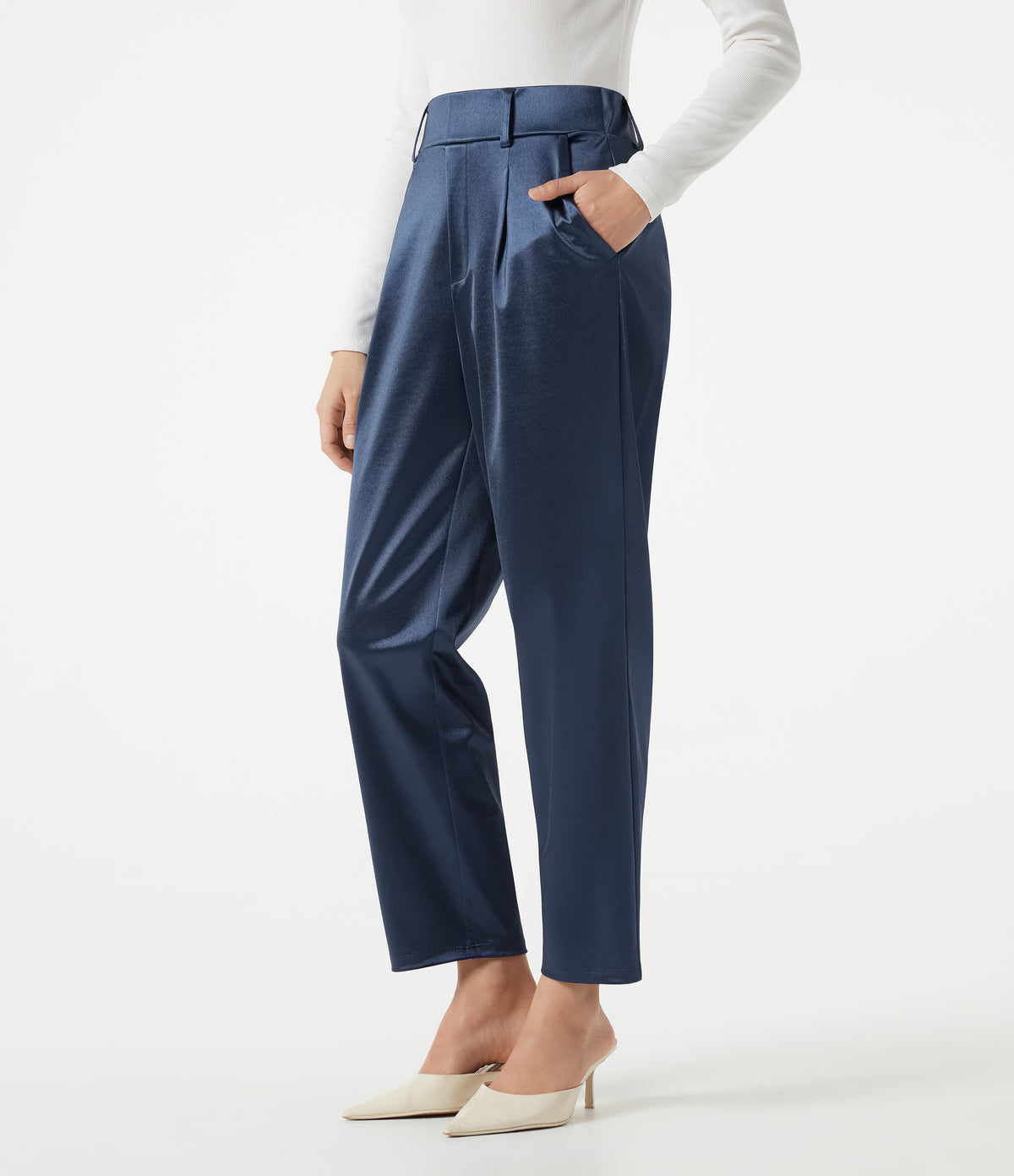 High Waisted Tapered Satin Work Pants with Pockets
