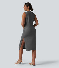 Henley Neck Sleeveless Midi Casual Dress with Pockets