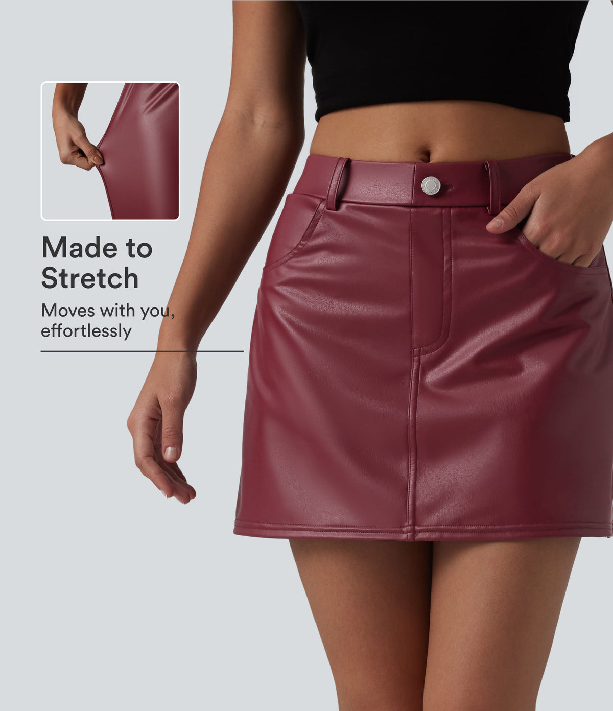 Mid Rise Stretchy PU Casual Skort with Pockets