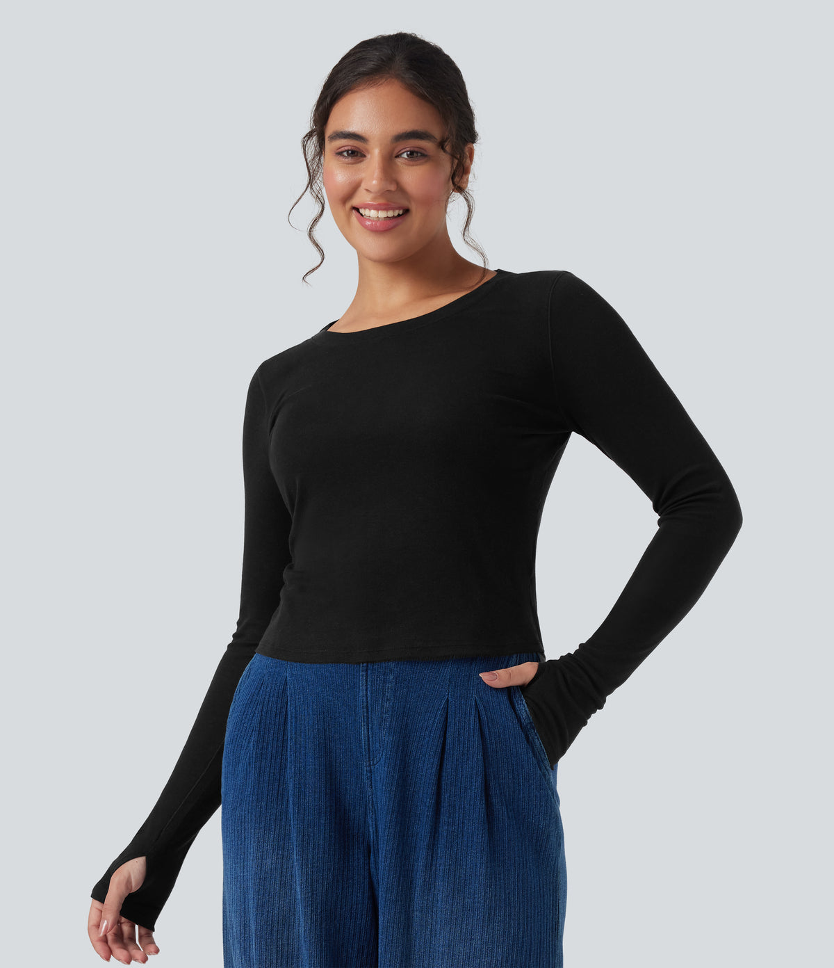 Scoop Neck Long Sleeve Thumb Hole Casual Wool-Blend Top