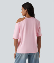 Round Neck Cut Out Half Sleeve Casual Cotton T-Shirt
